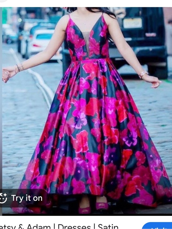 Betsy & Adam Dresses & Skirts - Betsy & Adam Floral Gown Size 12 Black Pink Plunging V Neck Full Skirt Dress